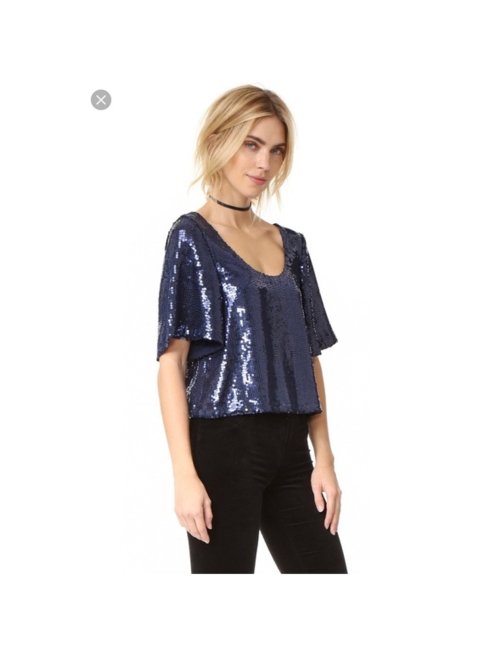 FREE PEOPLE Night Fever Sequin Tee Dark Blue